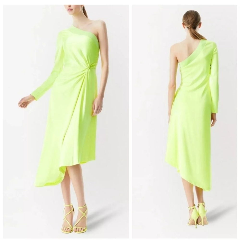 ALICE + OLIVIA Dora One-Shoulder Asymmetrical Yellow Neon Dress Size 6 - Picture 14 of 16